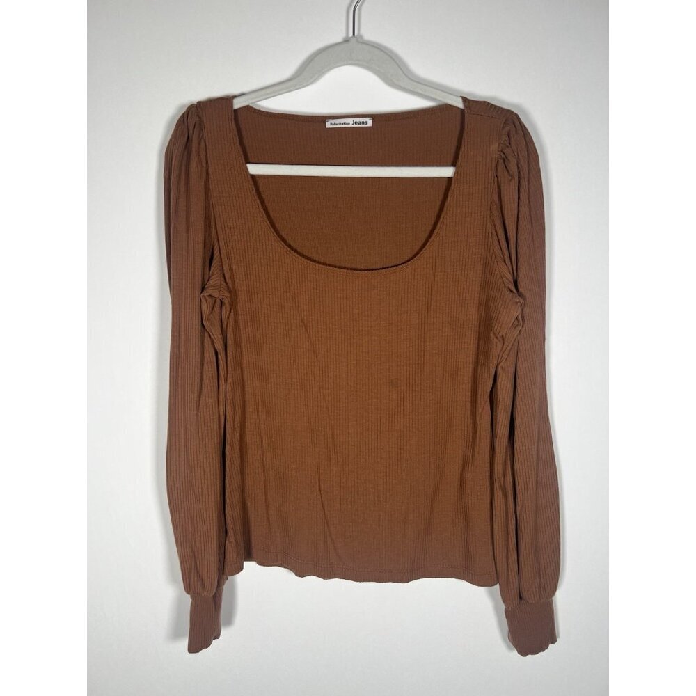 Reformation Jeans brown scoop neck puff sleeve ribbed long slv tshirt XL stretch